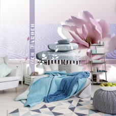 Een fotobehang van roze bloemen en stenen in een zen-sfeer voor een slaapkamer.