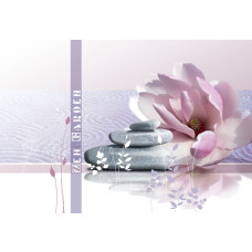 Zen-tuin fotobehang, met roze stenen en bloemen, ideaal voor een serene en rustgevende sfeer.