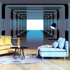 Een fotobehang met een ruimte-tunnel in een 3D-weergave, ideaal voor een woonkamer.