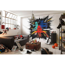 Een fotobehang van Spider-Man met kleurenexplosie te zien in de kinderkamer.