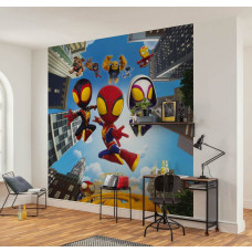 Behang met Spidey, Ghost-Spider en Miles Morales in actie aan de muur van een kinderkamer.