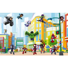 Fotobehang Spidey en vrienden in een kleurrijke stadsomgeving met Hulk, Iron Man, Ghost Spider en andere Marvel helden.