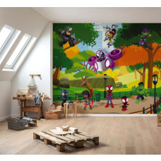 Fotobehang Spidey en vrienden op schattenjacht zichtbaar in een kinderkamer met superhelden in een groen stadspark.