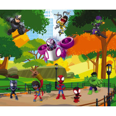 Fotobehang Spidey en vrienden op schattenjacht in een kleurrijk park met Hulk, Ghost Spider en andere Marvel helden.