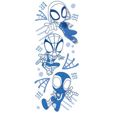 Fotobehang met minimalistische blauwe illustraties van Spidey, Ghost-Spider en Miles Morales op een witte achtergrond.
