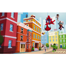 Fotobehang met Spidey en zijn vrienden die door een kleurrijke stad vol hoge gebouwen bewegen.