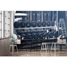 Een fotobehang met fitnessapparatuur en dumbbells, perfect voor een woonkamer.