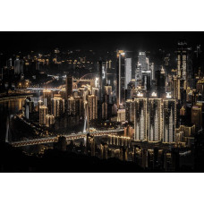 Fotobehang van een stad in de nacht, moderne skyline.