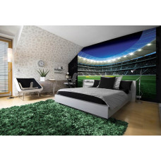 Fotobehang met Braziliaanse vlag en voetbalveld in een stadion, geschikt voor slaapkamer en kinderkamer.