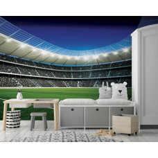 Fotobehang met stadion- en voetbalveldthema, passend voor de babykamer.