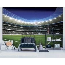 Fotobehang van een voetbalstadion met jongens op een voetbalveld, ideaal voor de kinderkamer.
