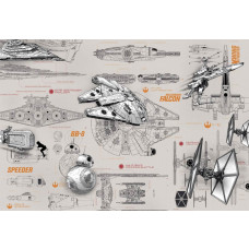 Blauwdrukken van iconische Star Wars voertuigen op een fotobehang, ideaal voor een sci-fi thema.