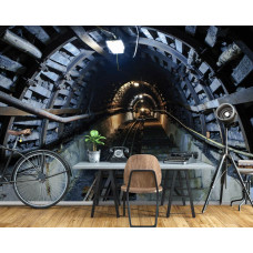 Een fotobehang van een spannende tunnel met steenkool en sporen, perfect voor de woonkamer.