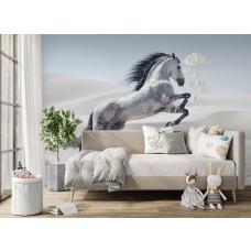 Fotobehang met krachtig paard in de woestijn toegepast in een stijlvolle tienerkamer.
