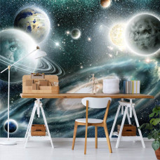 Een fotobehang met sterren en planeten in een kleurrijk galaxy-thema, speciaal ontworpen voor een kantoor.