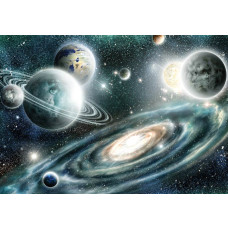 Planeten en sterren in de kosmos, met een weergave van de ruimte die tot leven komt op dit fotobehang.