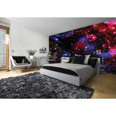 Een fotobehang met een sterrenstelsel in een serene ruimteomgeving, ideaal voor een kinderkamer.