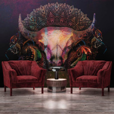 Een fotobehang van een stierenschedel met mandala mystiek en hoorns voor in de bedrijfsruimte.