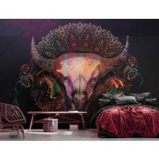 Een fotobehang van een stierenschedel met mandala mystiek en hoorns voor de slaapkamer.
