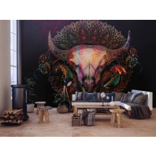 Een fotobehang van een stierenschedel met mandala mystiek en hoorns voor de woonkamer.