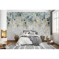 Een fotobehang van stijlvolle hangplanten tegen stoer beton met bloemen in een slaapkamer.
