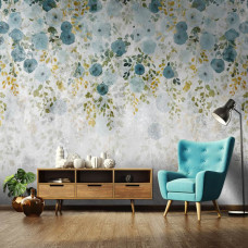 Een fotobehang van stijlvolle hangplanten tegen stoer beton met bloemen in een huiskamer met vliesbehang.
