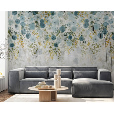 Een fotobehang van stijlvolle hangplanten tegen stoer beton met bloemen in een woonkamer met vliesbehang.