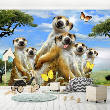 Een fotobehang van stokstaartjes in een grappige compositie, geschikt voor de speelkamer.