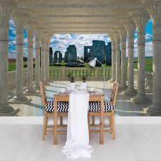 Een fotobehang met het 3D-monument Stonehenge onder een dramatische lucht.