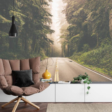 Een fotobehang met een lange weg in een Amerikaans bos met diepte afgebeeld in een slaapkamer.
