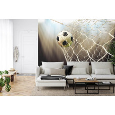 Een fotobehang met een strakke close-up van een voetbal in het net in een woonkamer.
