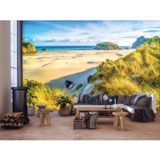 Een fotobehang van een natuurlijk strandlandschap met duinen en zee in de woonkamer.