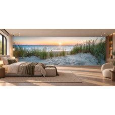 Fotobehang met strand en duinen tijdens een warme zonsondergang in de slaapkamer.