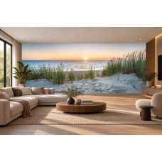 Fotobehang met strand en duinen in warm gouden avondlicht in de woonkamer.