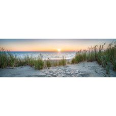 Fotobehang strand en duinen in het gouden avondlicht met uitzicht over zee.
