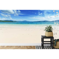 Een levendig fotobehang van een blauw strandlandschap, perfect voor een keuken.