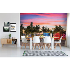 Fotobehang van een strand tijdens de avondschemering, met rustige palmbomen, ideaal voor de woonkamer.