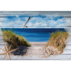 Fotobehang van een strand met duinen en de oceaan, weergegeven op een houten achtergrond.