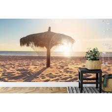 Een fotobehang met een paradijselijk strandlandschap onder warme zonsondergangskleuren, perfect voor een keuken.