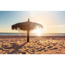 Fotobehang van een tropisch strand met een prachtige zonsondergang, waar de zee en palmbomen harmonieus samenkomen.