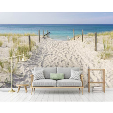 Een fotobehang van een strandpad met duinen en zeezicht voor de huiskamer.