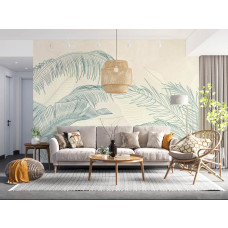 Een fotobehang met subtiele palmbladeren in de woonkamer, waar de elegante bladpatronen en lichte tinten een kalme en botanische sfeer creëren.