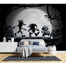 Een fotobehang met Super Mario, Sonic en Crash Bandicoot in de gamekamer, waar de dynamische silhouetten en nachtelijke sfeer zorgen voor een episch en sfeervol game-ervaring.