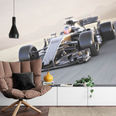 Een fotobehang van een supersnelle Formule 1-auto in een dynamische woonkamer.