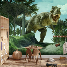Een fotobehang met een imposante T-rex en andere dinosaurussen, afgebeeld in een jongenskamer.