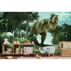 Een fotobehang met een gedetailleerde Tyrannosaurus rex in een natuurlijke omgeving, weergegeven in een kinderkamer.