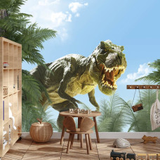 Een fotobehang met een imposante T-rex dinosaurus, afgebeeld in een jongenskamer.
