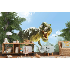 Een fotobehang met een realistische weergave van een T-rex dinosaurus, afgebeeld in een kinderkamer.