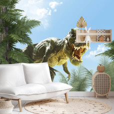 Een fotobehang met een indrukwekkende T-rex dinosaurus, weergegeven in een speelkamer.