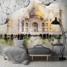 Een fotobehang van de Taj Mahal voor de huiskamer.